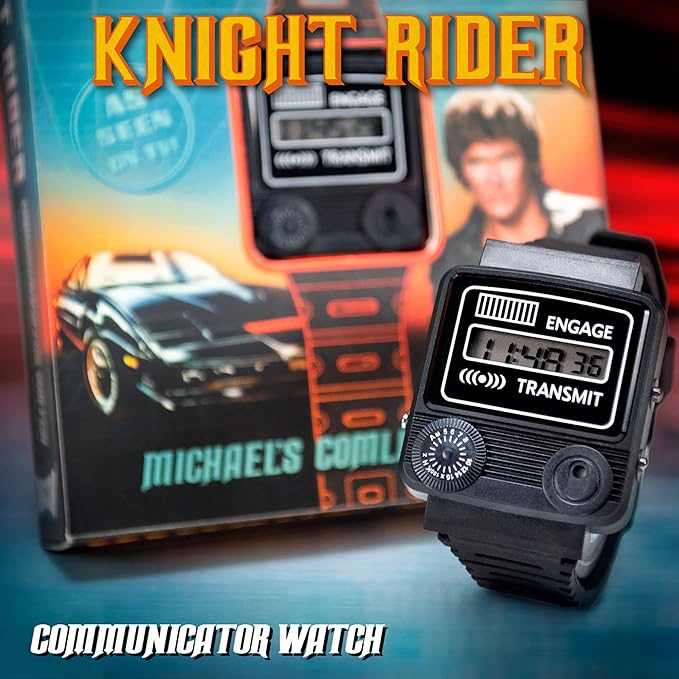 Knight Rider-style communicator watch with vintage TV show packaging in the background