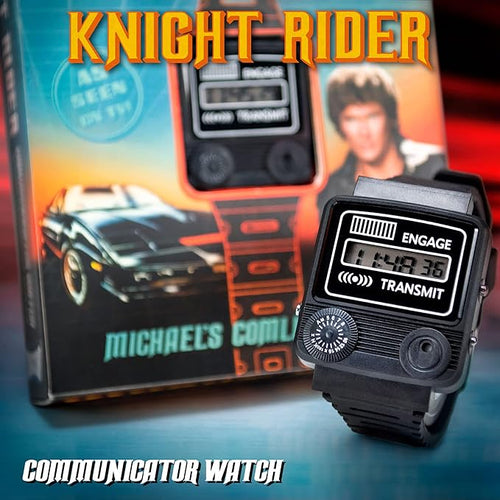 Knight Rider-style communicator watch with vintage TV show packaging in the background