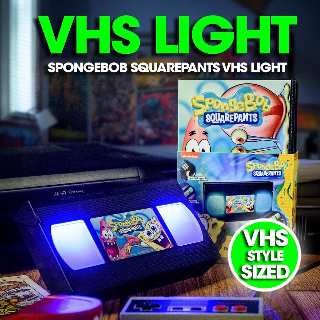 VHS light with SpongeBob SquarePants design on a VHS tape and packaging.